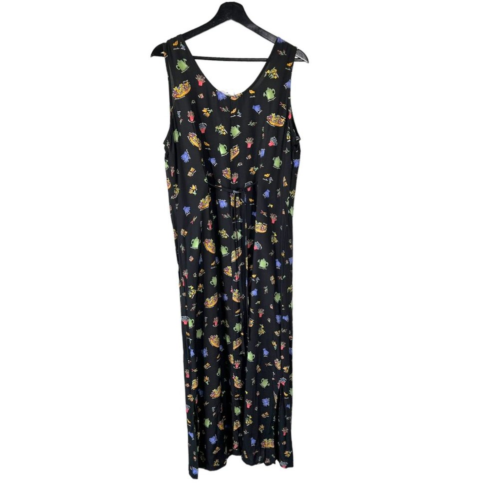Vintage 90s Black Multicolor Garden Print Sleeveless Full Length Dress XL - Picture 2 of 7